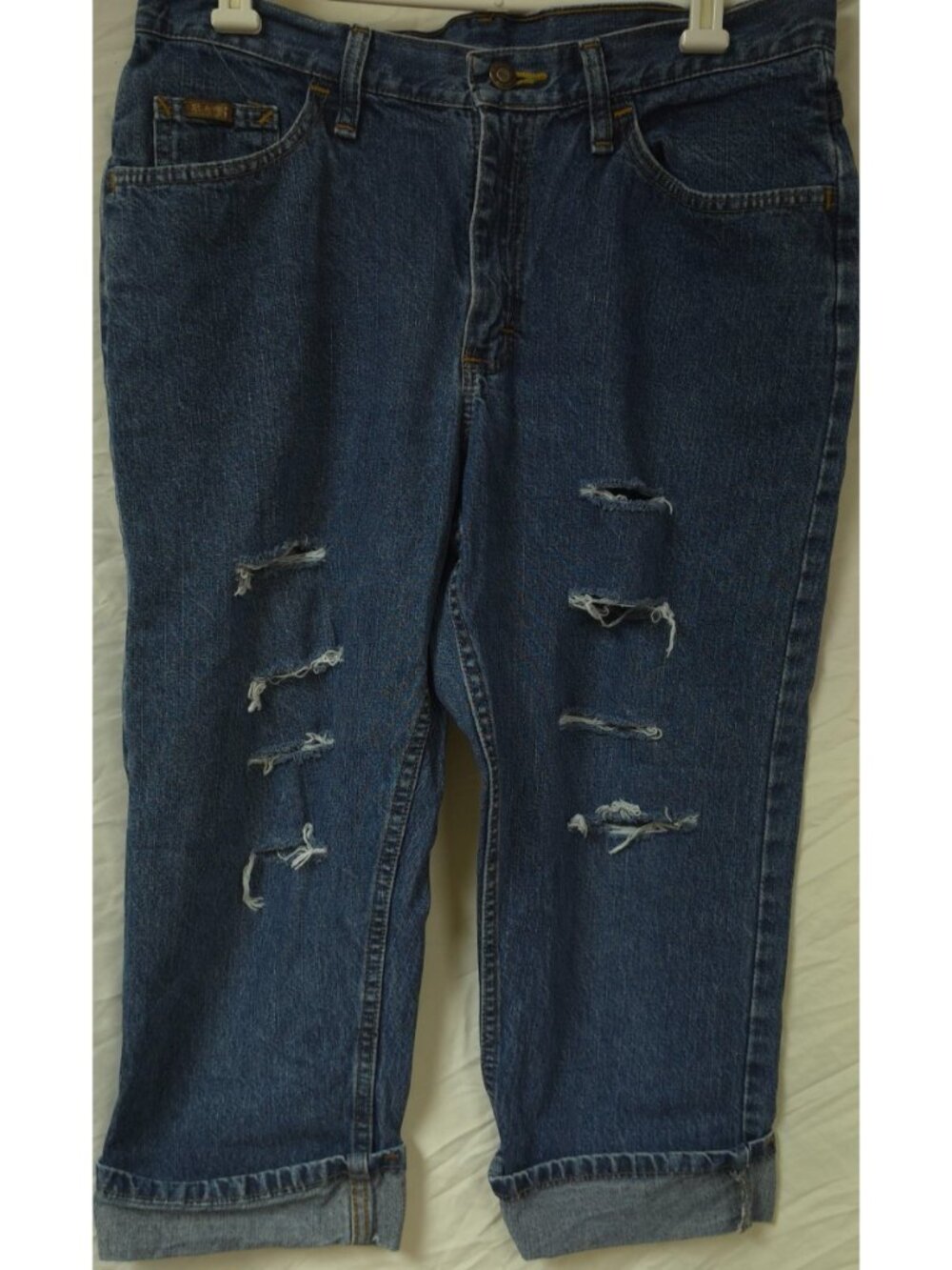 Riders by Lee Womens 12M Cuffed Heavy Distressed Denim Capri Cropped Jeans 32X21